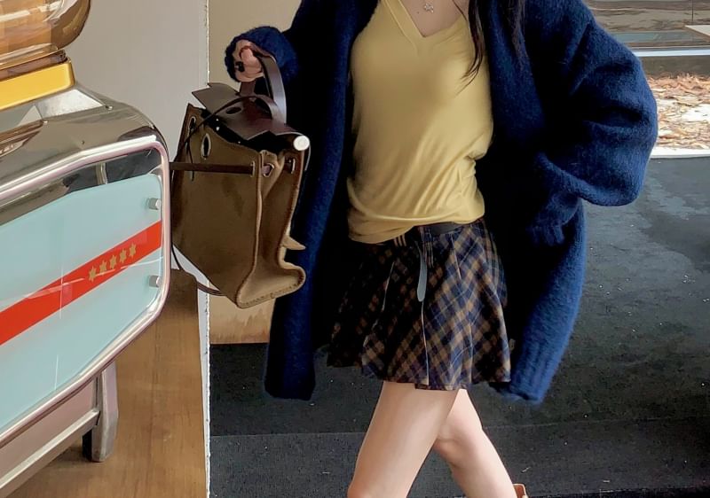 Waist Sleeve Tee Plain Plaid Mini Long Mid Skirt Cardigan / Pleated V-Neck