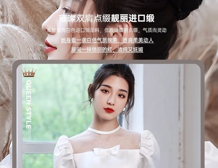 Neck Gown Short Sleeve Bowknot Square Plain Wedding A-Line