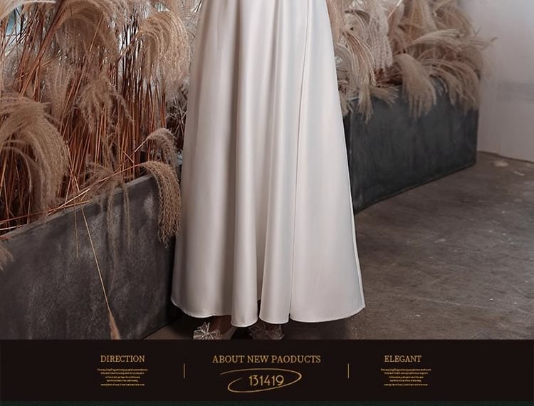 Neck Gown Short Sleeve Bowknot Square Plain Wedding A-Line