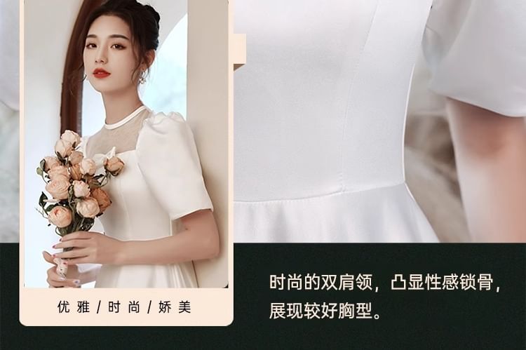 Neck Gown Short Sleeve Bowknot Square Plain Wedding A-Line