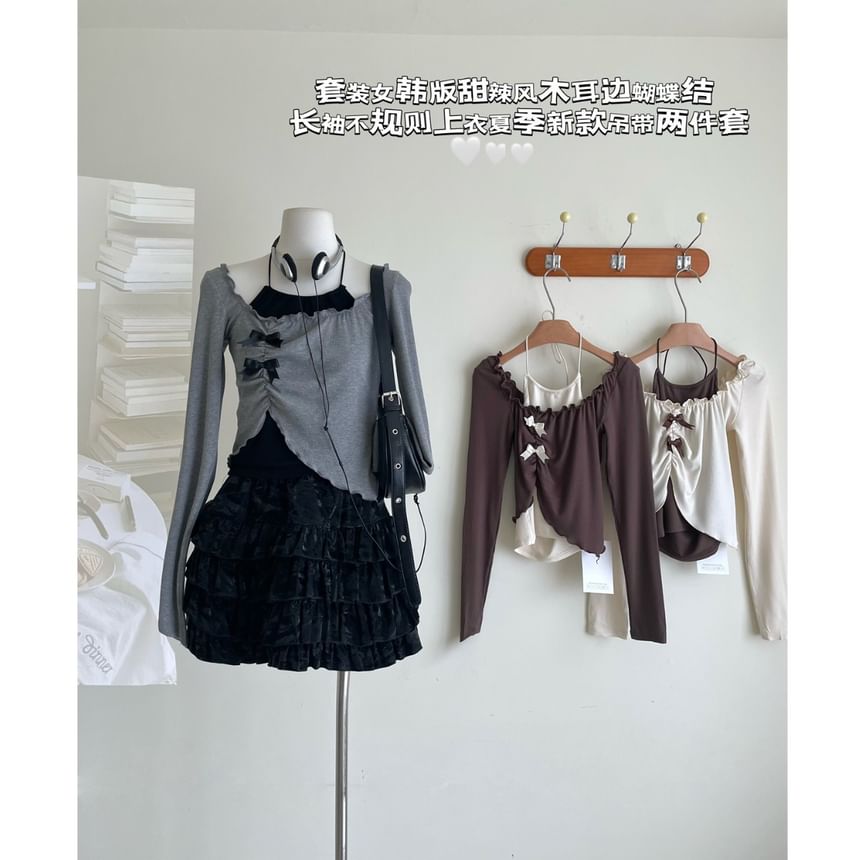 Asymmetrical Mini A-Line Square Long-Sleeve Halter Neck Top Skirt / Set Crop