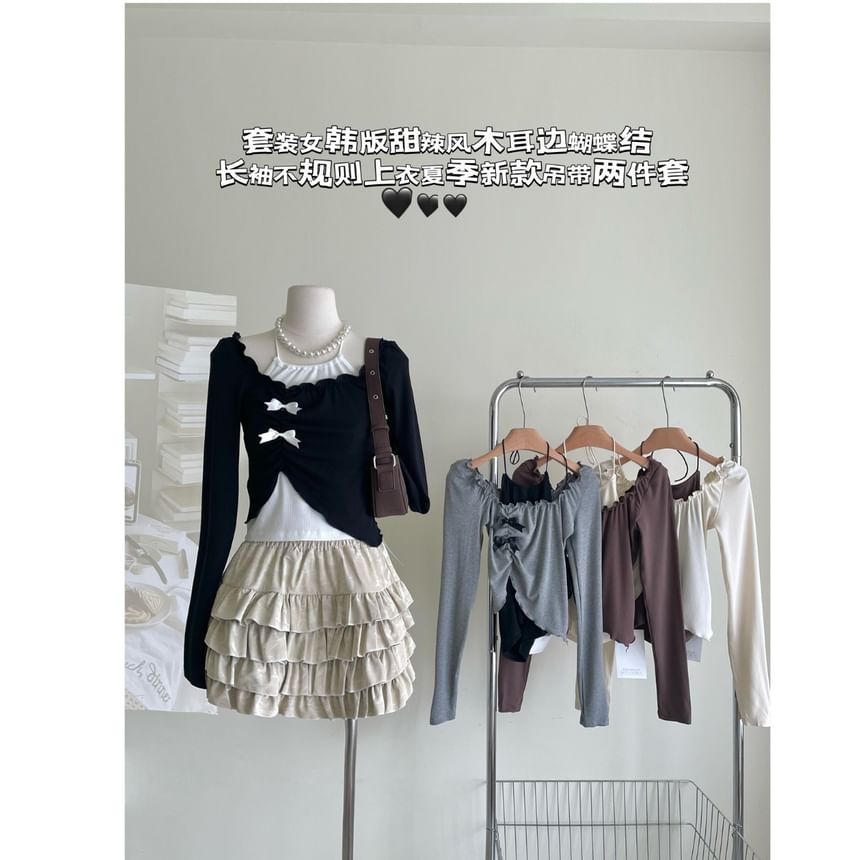 Asymmetrical Mini A-Line Square Long-Sleeve Halter Neck Top Skirt / Set Crop