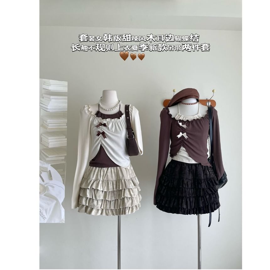 Asymmetrical Mini A-Line Square Long-Sleeve Halter Neck Top Skirt / Set Crop