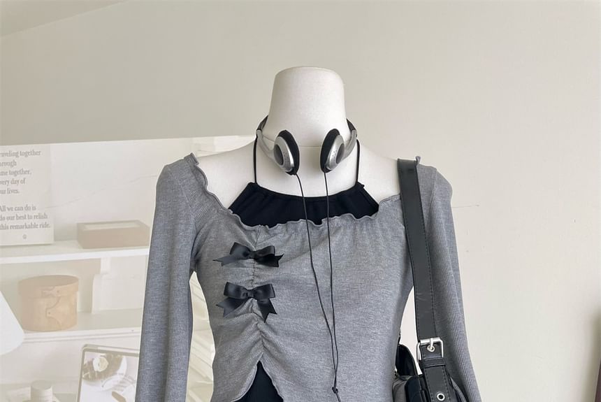 Asymmetrical Mini A-Line Square Long-Sleeve Halter Neck Top Skirt / Set Crop