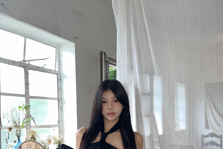 Mini Leather Studded Mid Plain Rise Pleated Skirt Top Belted Halter A-Line / Faux