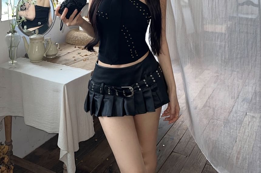 Mini Leather Studded Mid Plain Rise Pleated Skirt Top Belted Halter A-Line / Faux