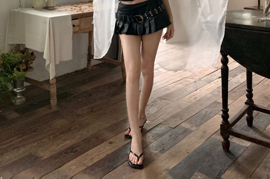 Mini Leather Studded Mid Plain Rise Pleated Skirt Top Belted Halter A-Line / Faux