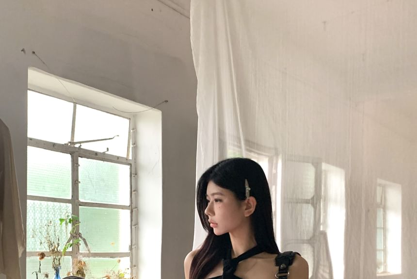 Mini Leather Studded Mid Plain Rise Pleated Skirt Top Belted Halter A-Line / Faux