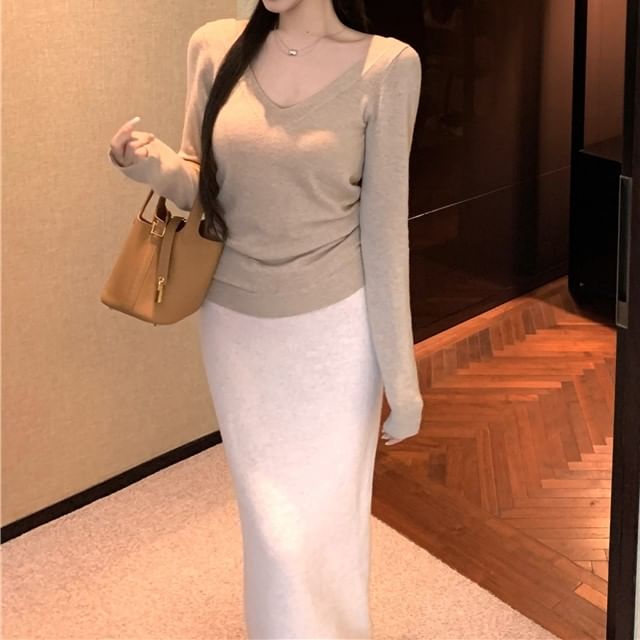 Plain Pencil High V-Neck Bow Top Skirt / Sleeve Long Rise Knit Maxi