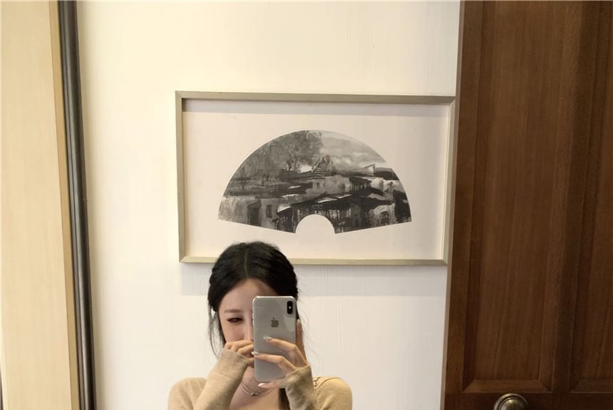 Plain Pencil High V-Neck Bow Top Skirt / Sleeve Long Rise Knit Maxi