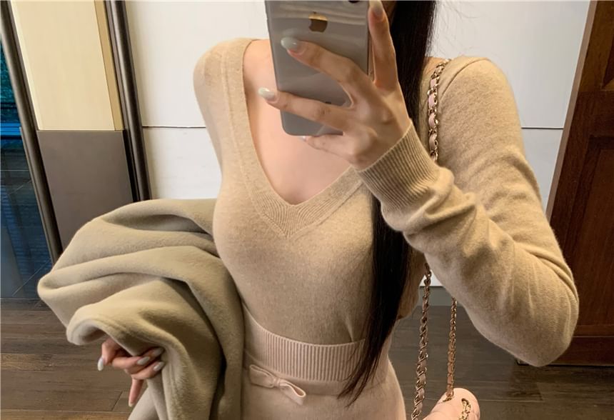 Plain Pencil High V-Neck Bow Top Skirt / Sleeve Long Rise Knit Maxi