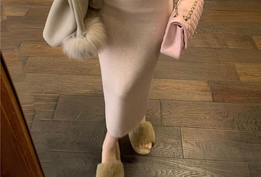 Plain Pencil High V-Neck Bow Top Skirt / Sleeve Long Rise Knit Maxi