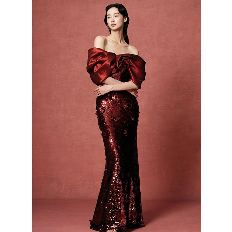 Gown Bow Evening Off-Shoulder Sequin Trumpet