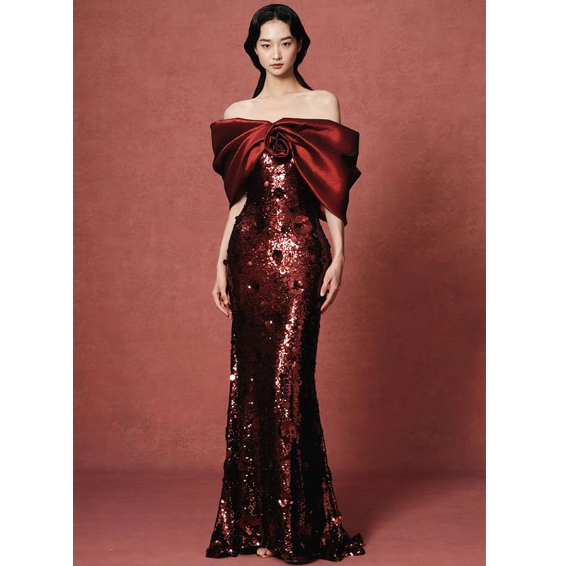 Gown Bow Evening Off-Shoulder Sequin Trumpet