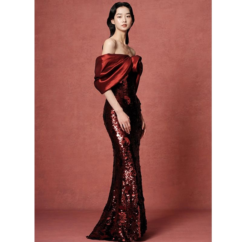 Gown Bow Evening Off-Shoulder Sequin Trumpet