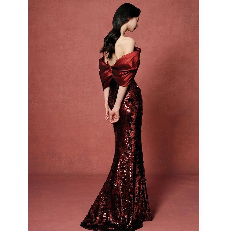 Gown Bow Evening Off-Shoulder Sequin Trumpet