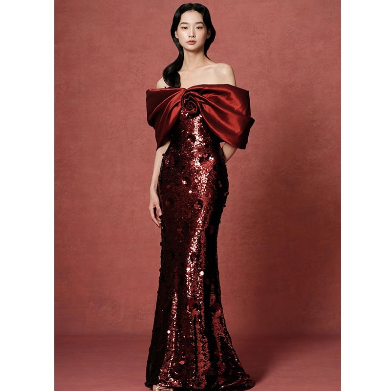 Gown Bow Evening Off-Shoulder Sequin Trumpet