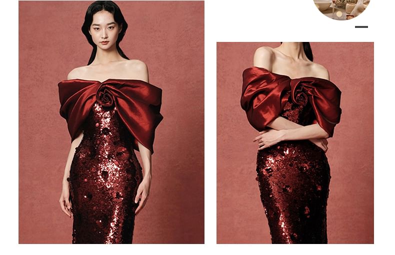 Gown Bow Evening Off-Shoulder Sequin Trumpet