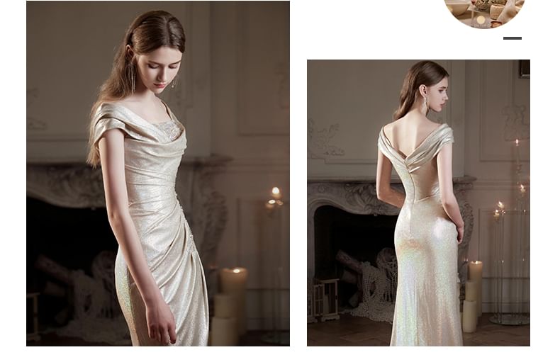 Trumpet Gown Evening Glitter Ruched Off-Shoulder