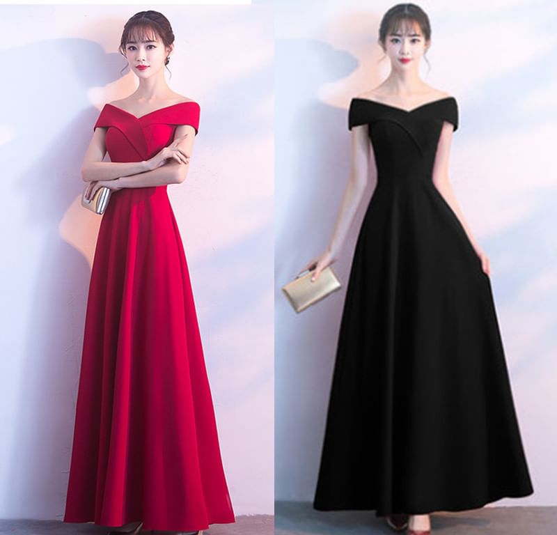 A-Line Sleeve Plain Gown V-Neck Shoulder Off Short Evening
