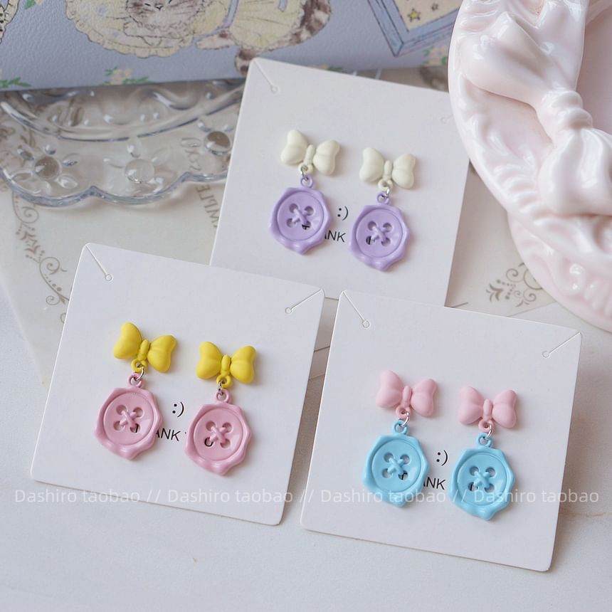Clip-On Button Bow Earring Drop /