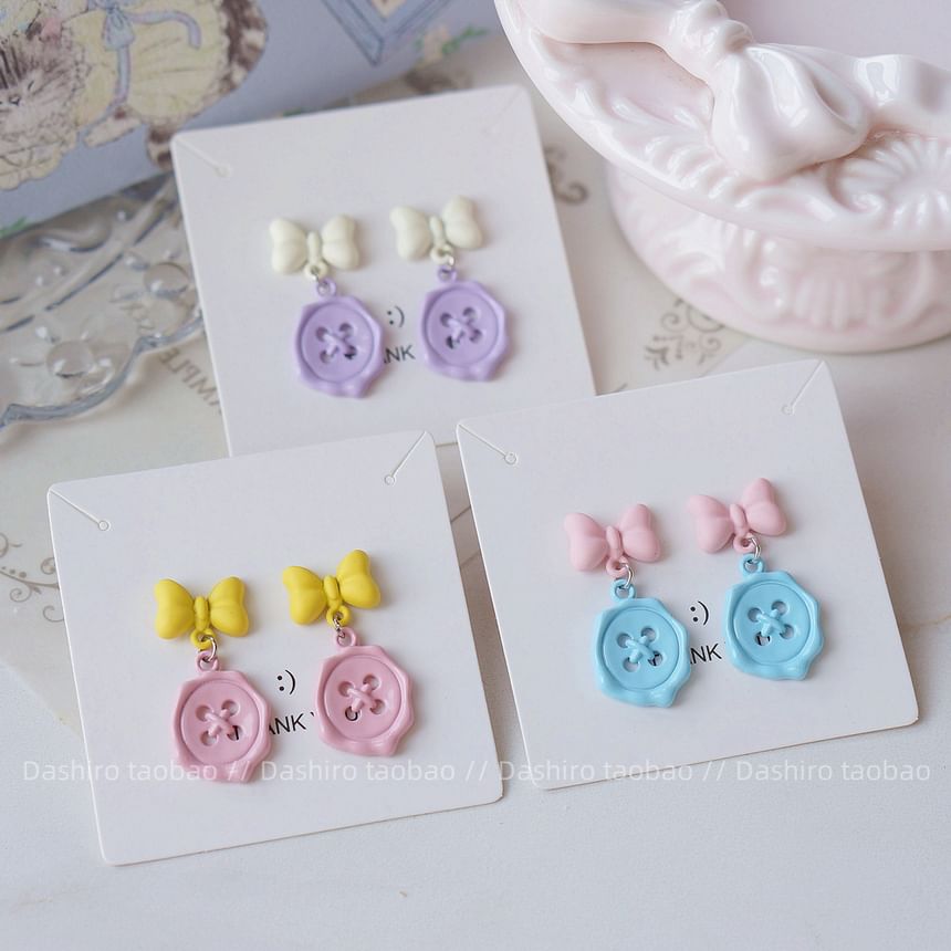 Clip-On Button Bow Earring Drop /