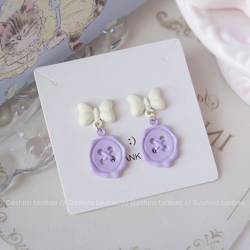 Clip-On Button Bow Earring Drop /