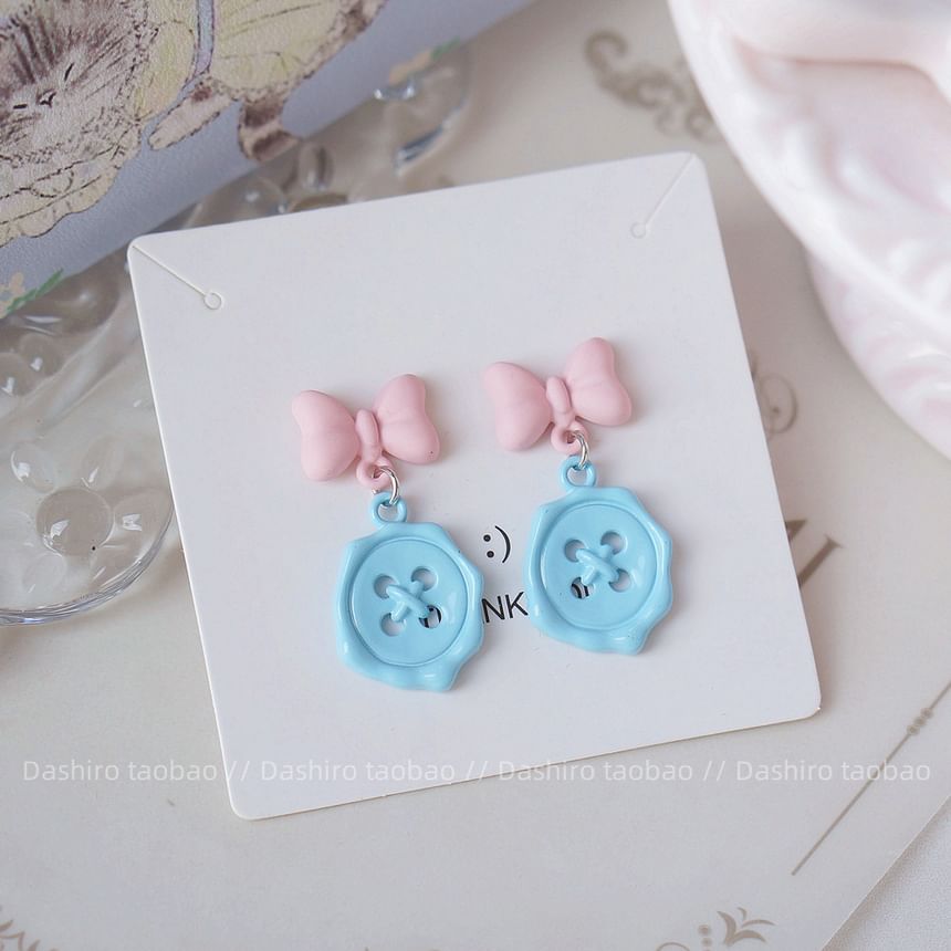 Clip-On Button Bow Earring Drop /