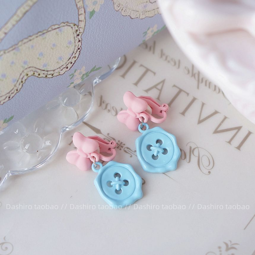 Clip-On Button Bow Earring Drop /