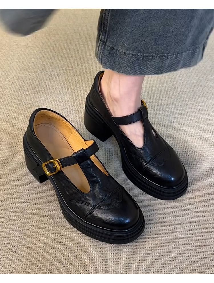 T-Strap Faux Platform Leather Mary Plain Shoes Jane