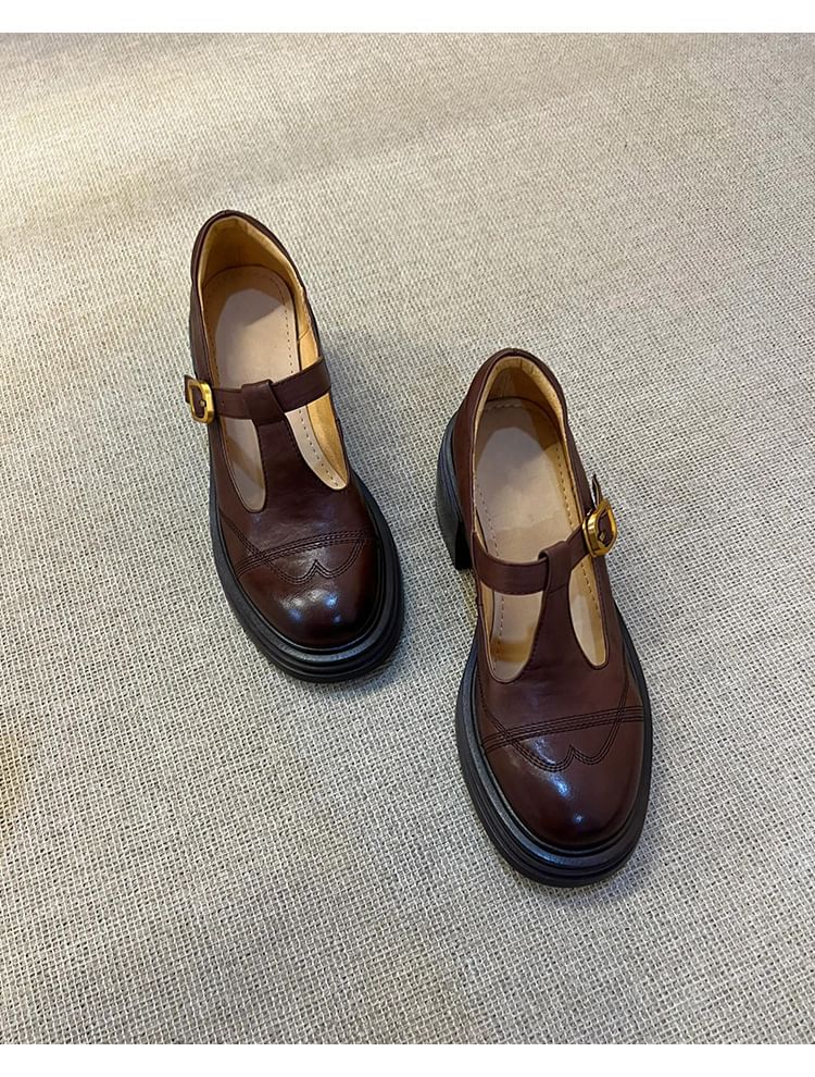 T-Strap Faux Platform Leather Mary Plain Shoes Jane