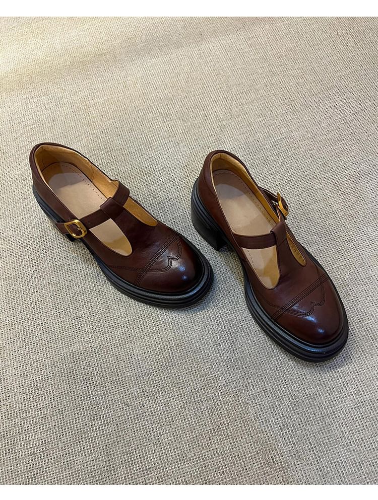T-Strap Faux Platform Leather Mary Plain Shoes Jane