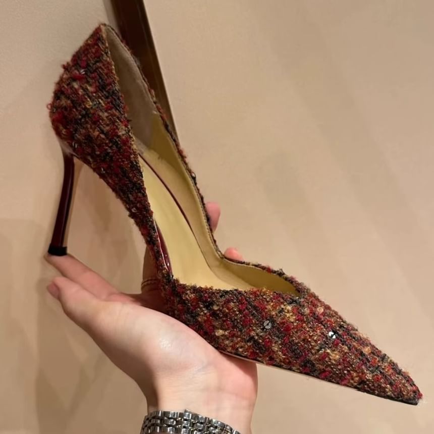 Pumps Stiletto Sequin Pointed Tweed Toe