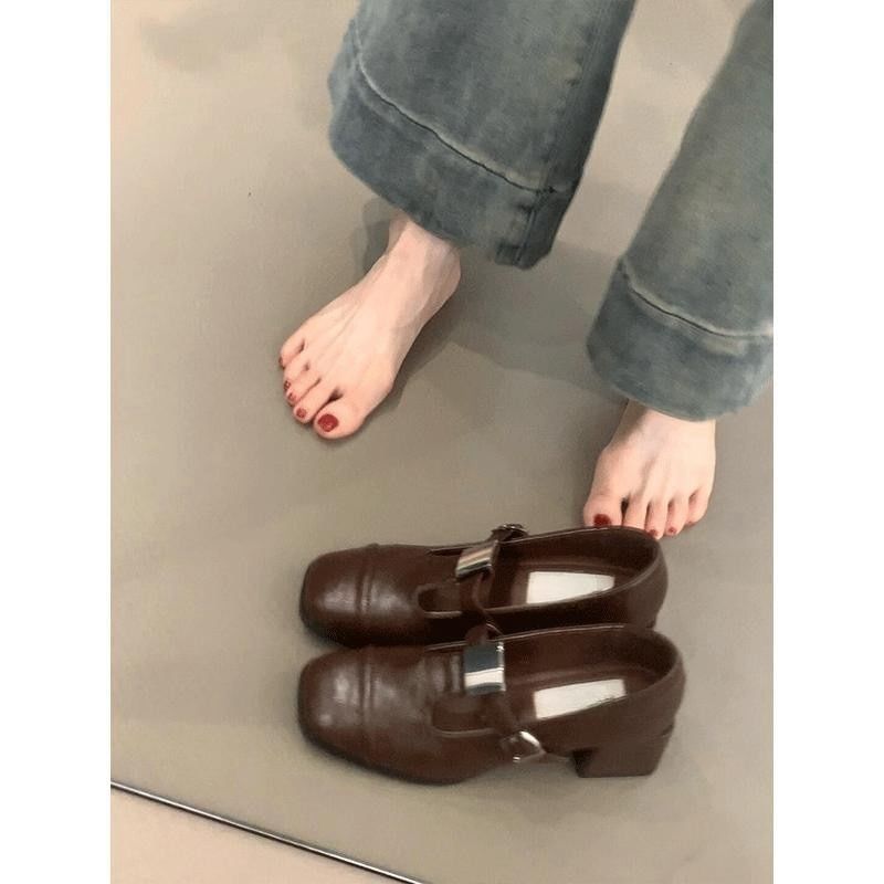 T-Strap Jane Square Mary Leather Chunky Plain Heel Toe Pumps Faux