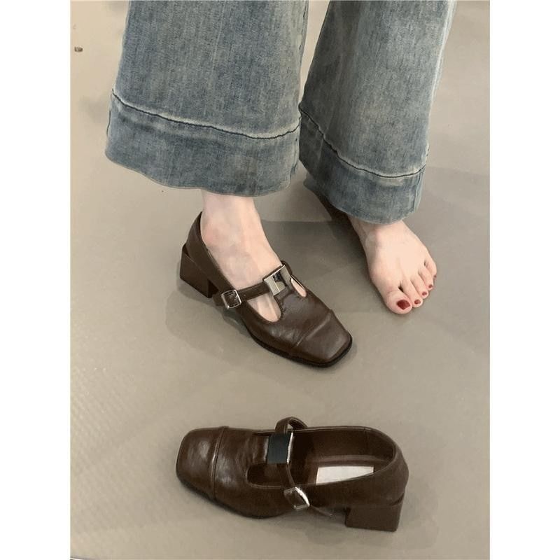 T-Strap Jane Square Mary Leather Chunky Plain Heel Toe Pumps Faux