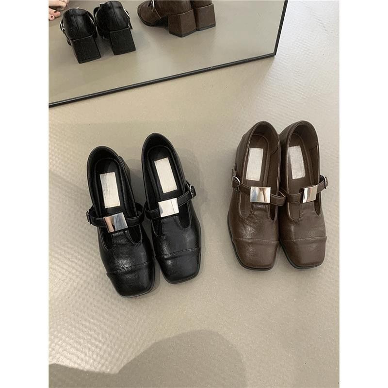 T-Strap Jane Square Mary Leather Chunky Plain Heel Toe Pumps Faux