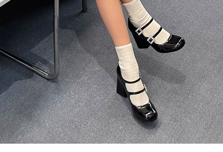 Heel Chunky Jane Pumps Patent Buckled Rhinestone Mary Leather