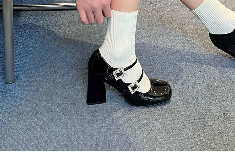 Heel Chunky Jane Pumps Patent Buckled Rhinestone Mary Leather