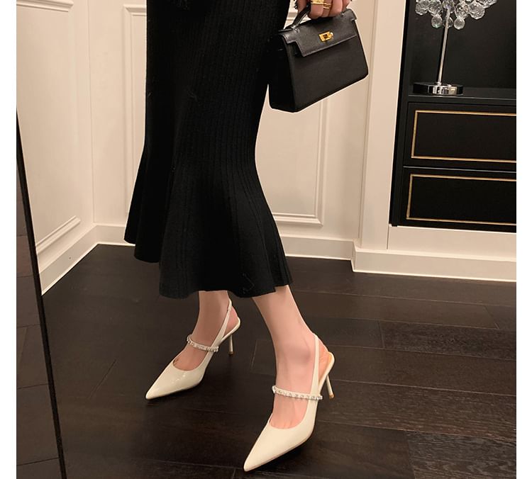 Rhinestone Stiletto Slingback Pointed Sandals Leather Toe Accent Patent