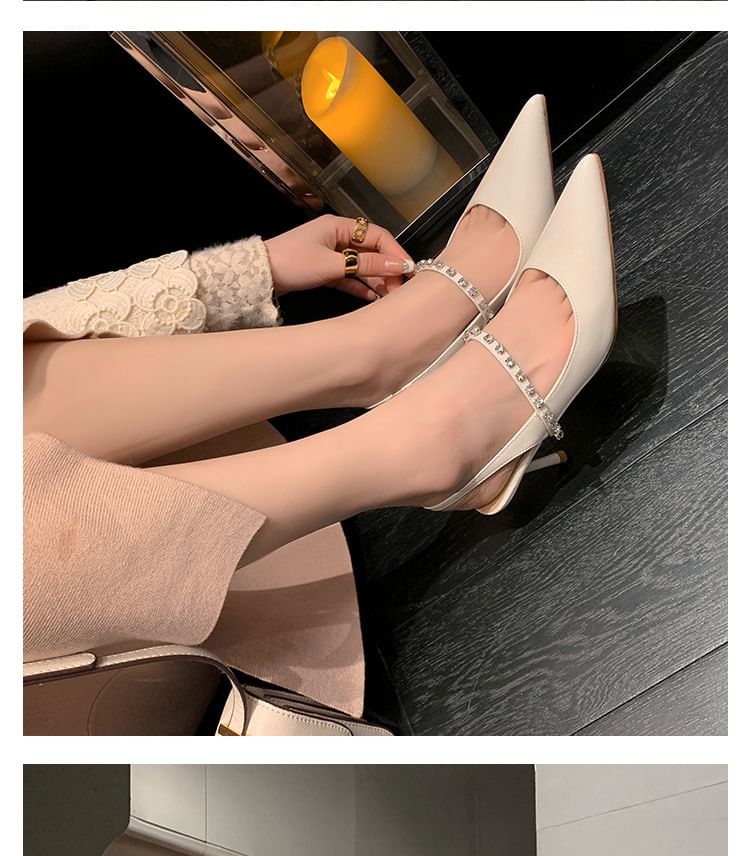 Rhinestone Stiletto Slingback Pointed Sandals Leather Toe Accent Patent