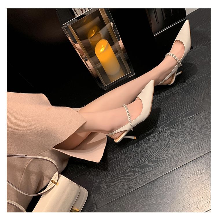 Rhinestone Stiletto Slingback Pointed Sandals Leather Toe Accent Patent