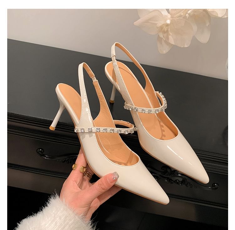 Rhinestone Stiletto Slingback Pointed Sandals Leather Toe Accent Patent