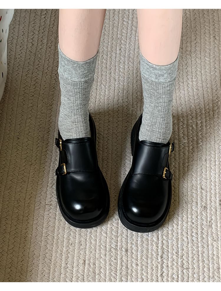 Shoes Plain Faux Monk Leather Platform Strap