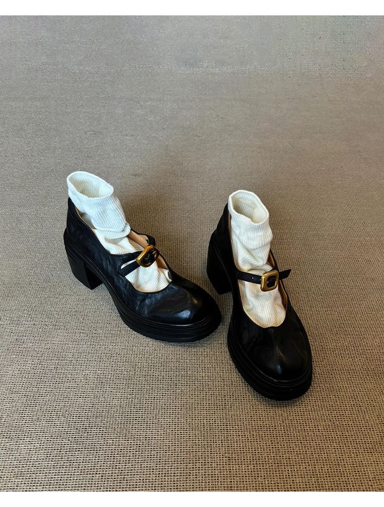 Plain Leather Chunky Mary Heel Buckled Shoes Faux Jane