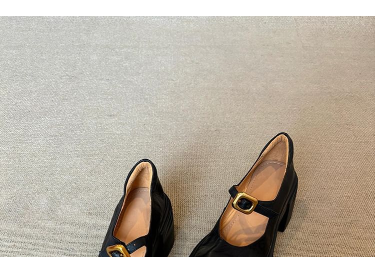 Plain Leather Chunky Mary Heel Buckled Shoes Faux Jane