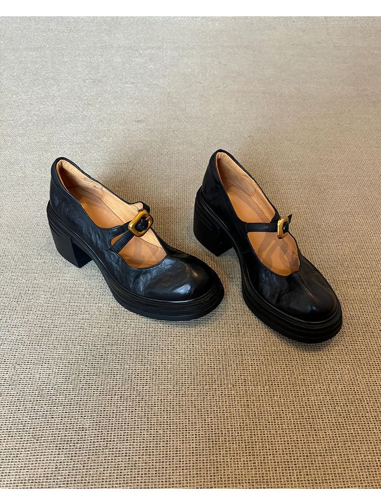 Plain Leather Chunky Mary Heel Buckled Shoes Faux Jane