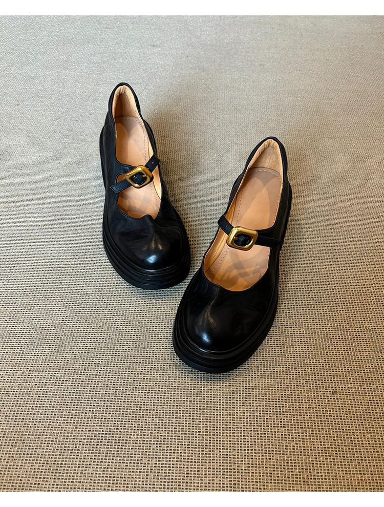 Plain Leather Chunky Mary Heel Buckled Shoes Faux Jane