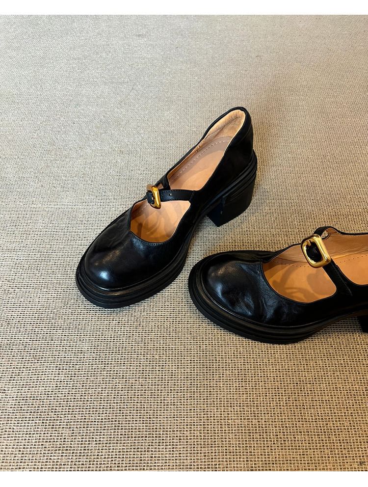 Plain Leather Chunky Mary Heel Buckled Shoes Faux Jane