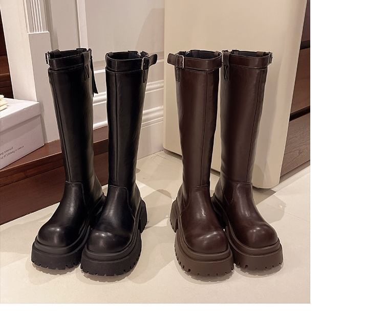 Boots Buckled Plain Platform Tall