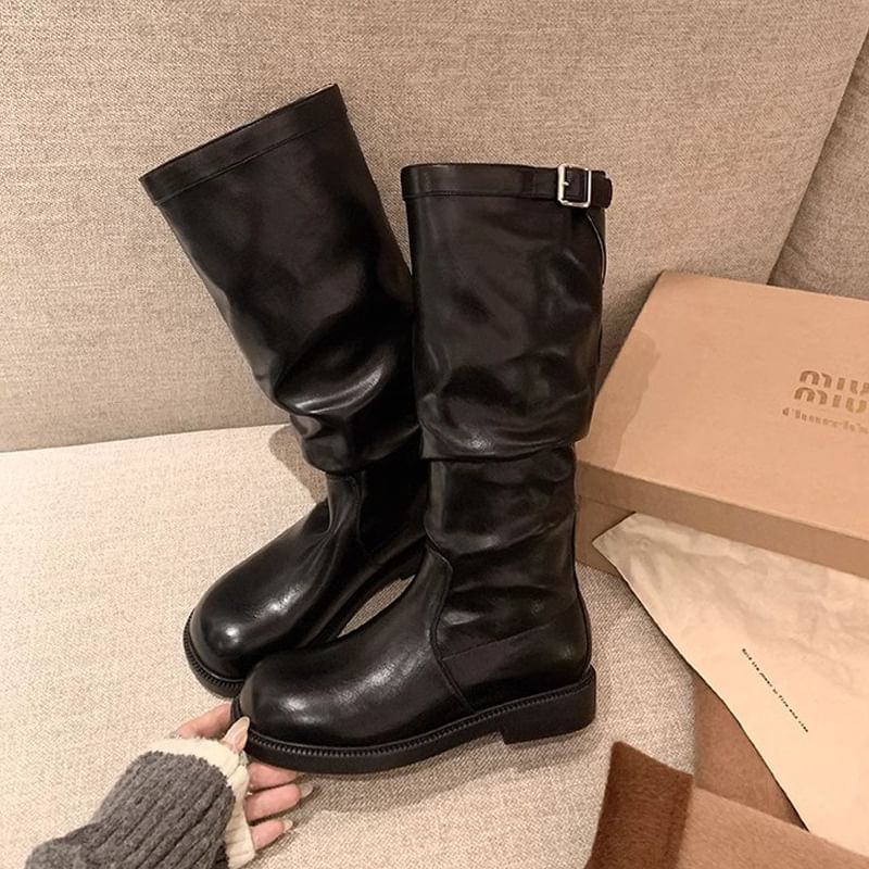 Calf Boots Mid Plain Tall Buckled /